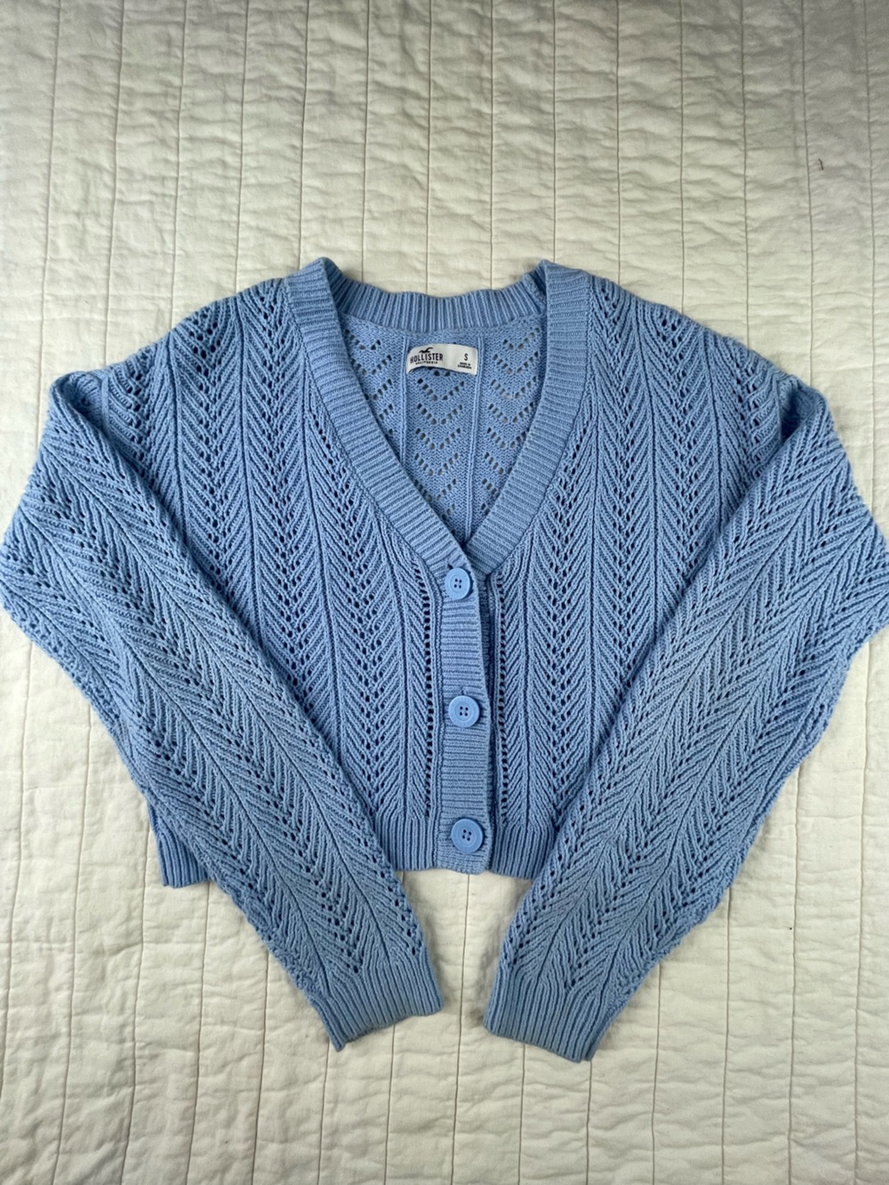 Hollister Light Blue Open-Knit Button cropped Cardigan small